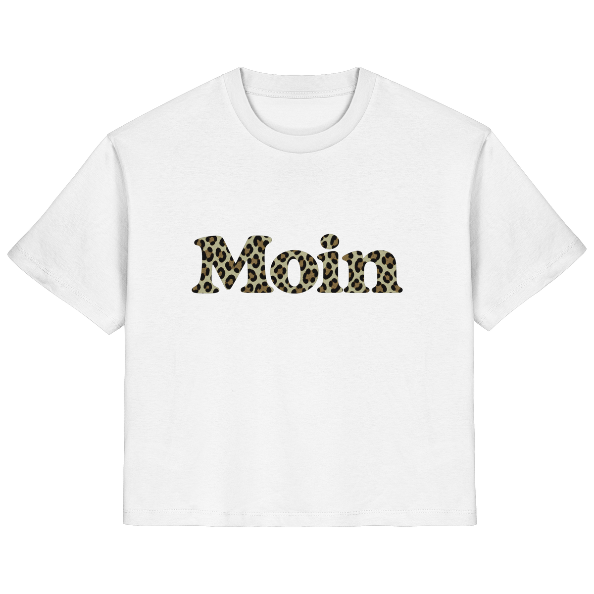 Damen Bio T-Shirt in White mit Moin-Leoprint in Sage Green auf der Vorderseite, Original-Mockup.