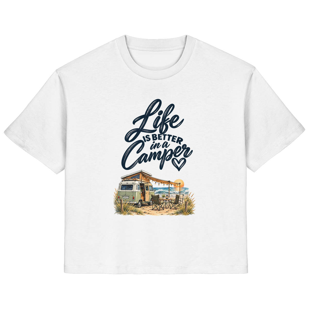 Damen Bio Shirt mit „Life is better in a Camper“-Motiv – Vorderansicht in White für Vanlife- und Campingfans