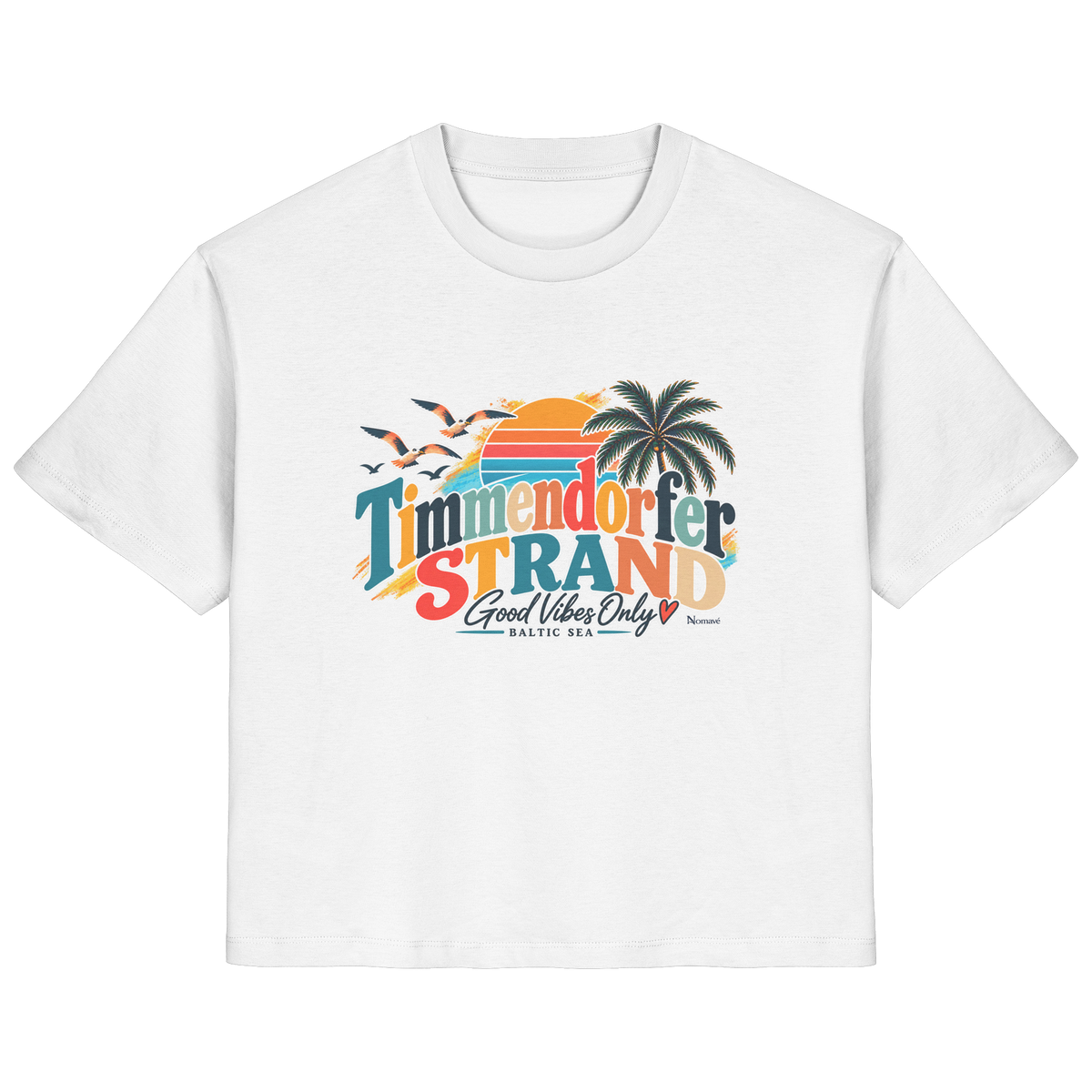 Damen-T-Shirt in White mit Timmendorfer-Strand-Good-Vibes-Only-Frontprint, originales Shirtigo-Produktmockup.