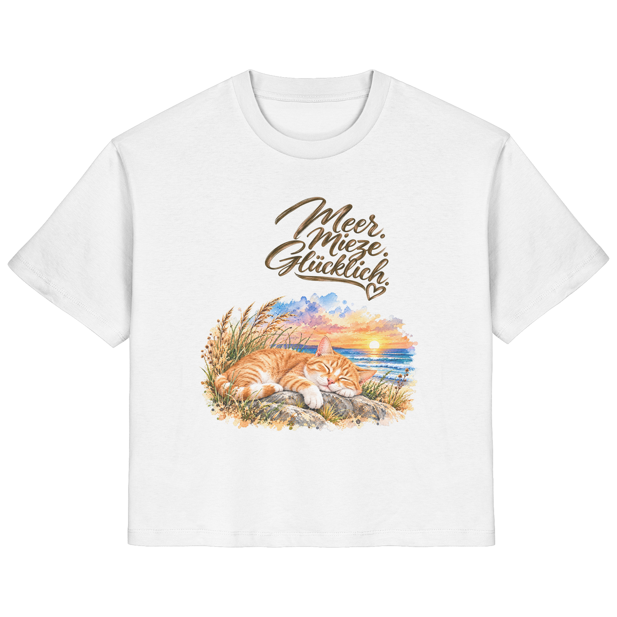 Original-Mockup: Damen-Bio-T-Shirt in White mit Meer. Mieze. Glücklich.-Katzenmotiv auf der Vorderseite.