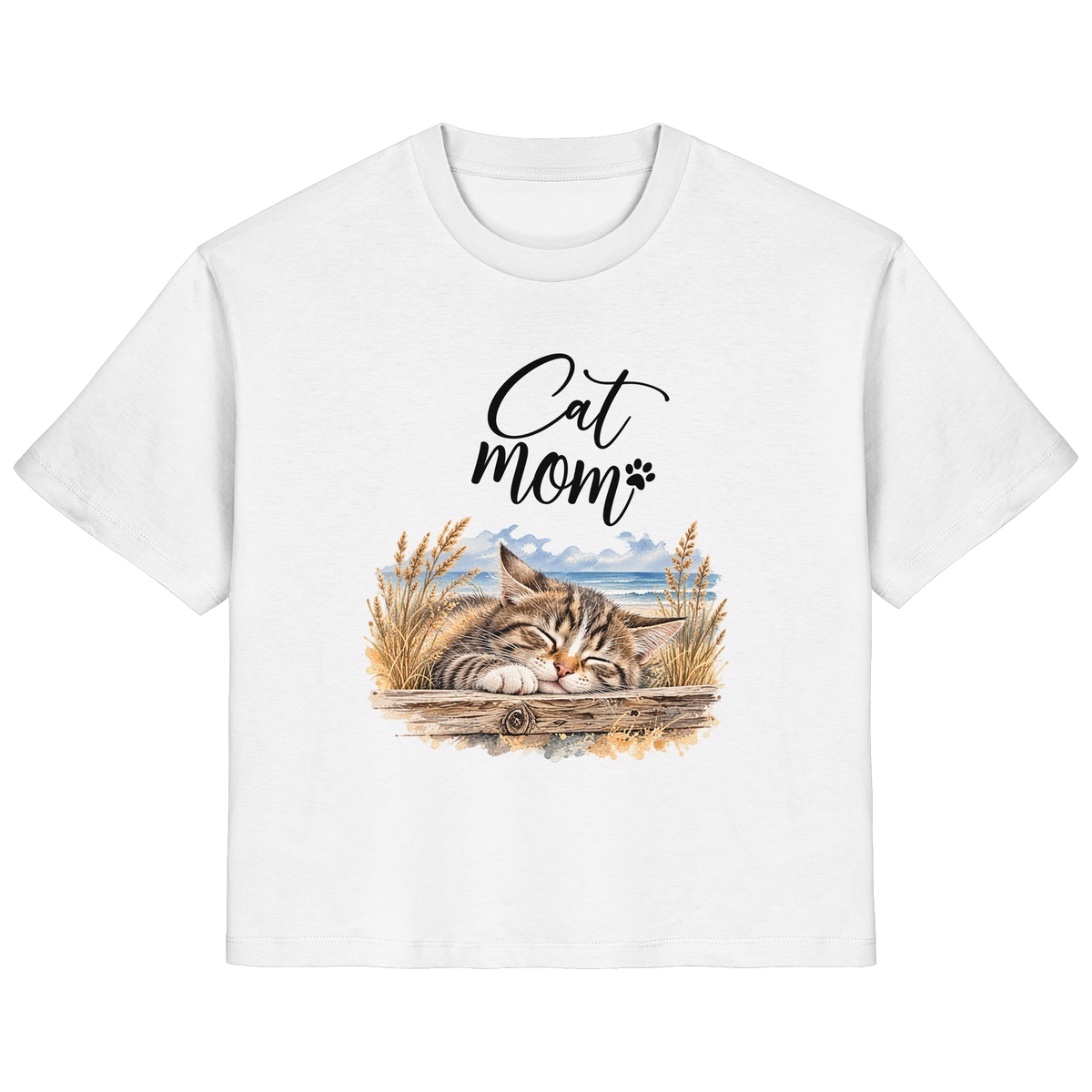 Damen Bio-T-Shirt in White mit Cat-Mom-Katzenmotiv als Frontprint – Vorderansicht im Original-Mockup.