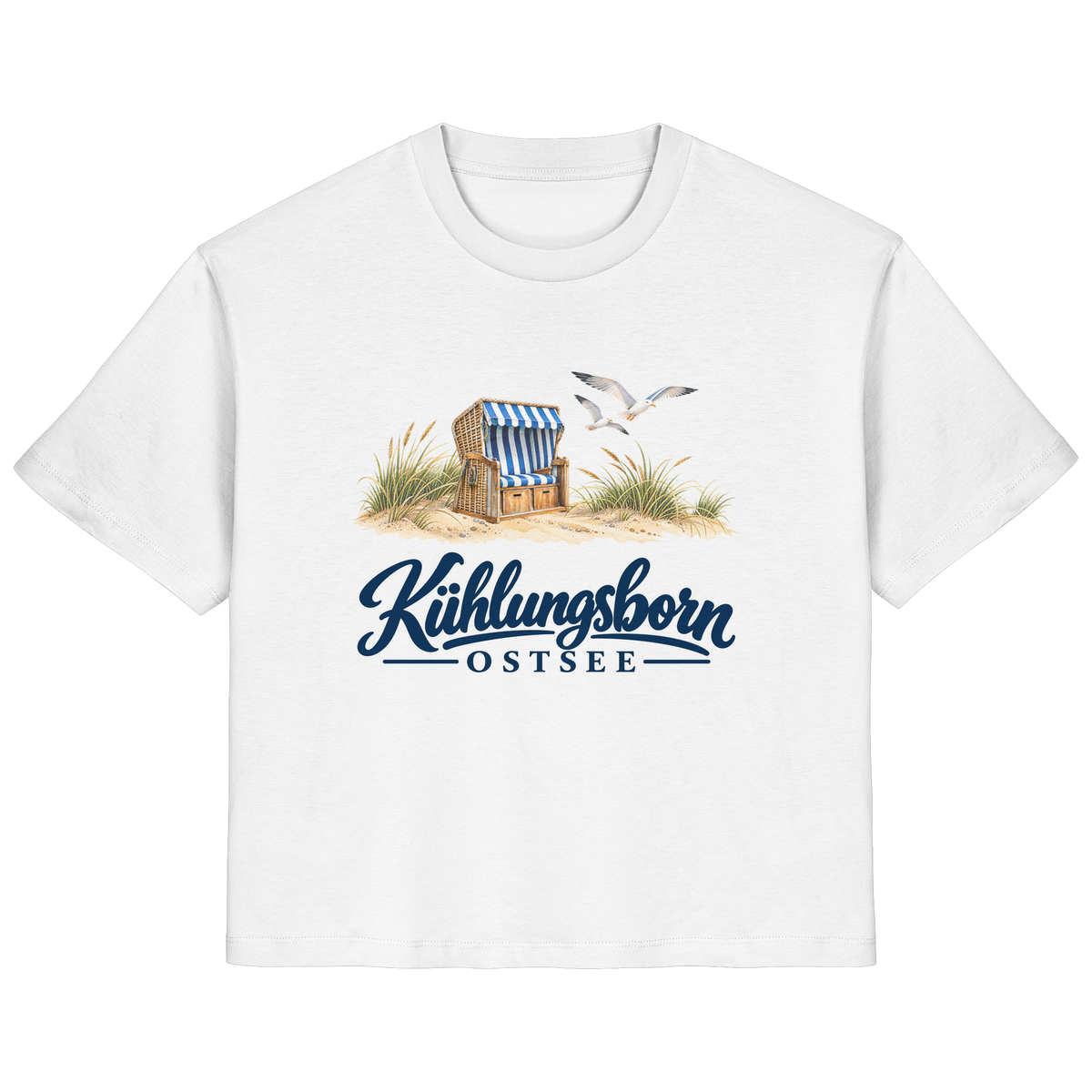 Damen Bio-T-Shirt Kühlungsborn – Strandkorb & Ostsee in White, Shirtigo-Originalmockup der Vorderseite mit Strandkorbmotiv.