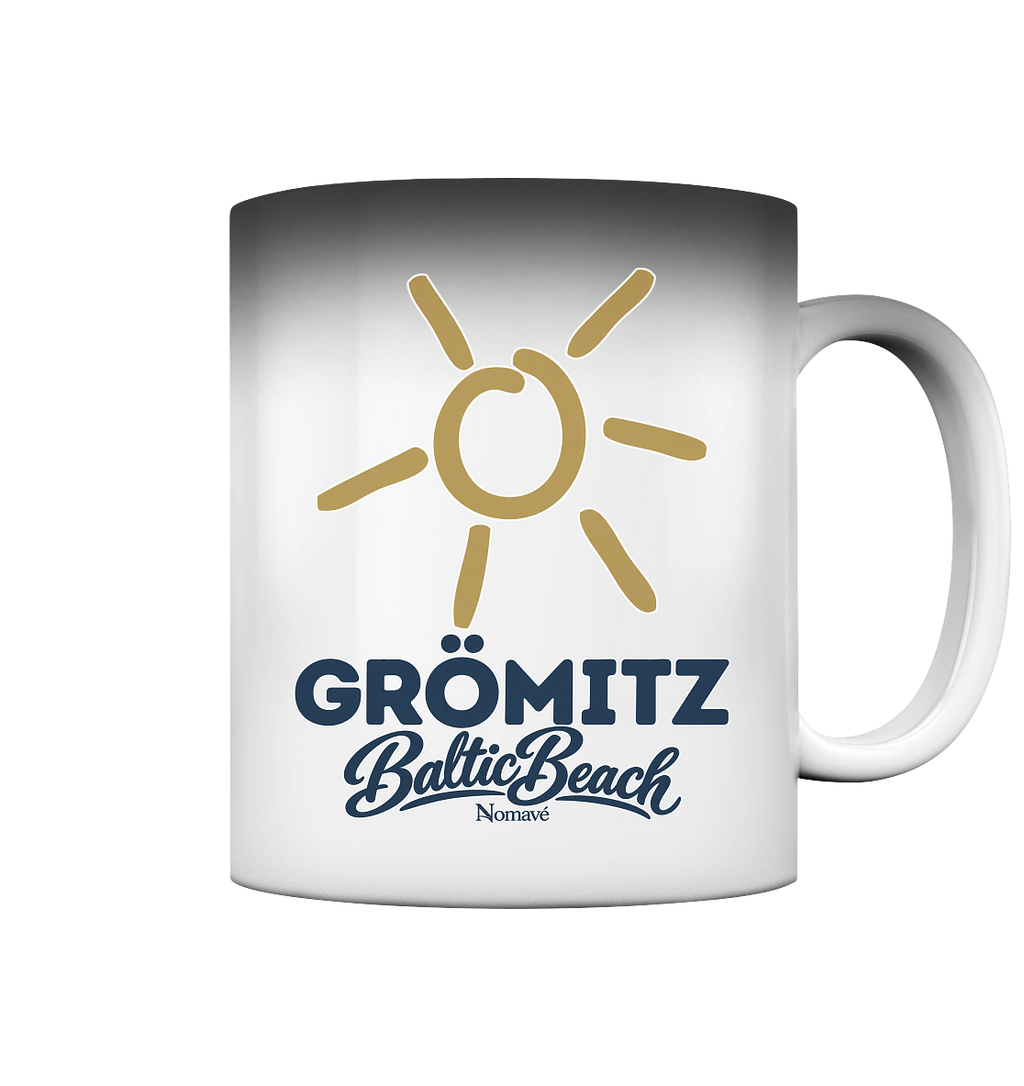 Grömitz Sonne Magic Mug 330 ml mit goldener Sonne und Baltic-Beach-Motiv in heller Darstellung – Shirtigo-Originalmockup