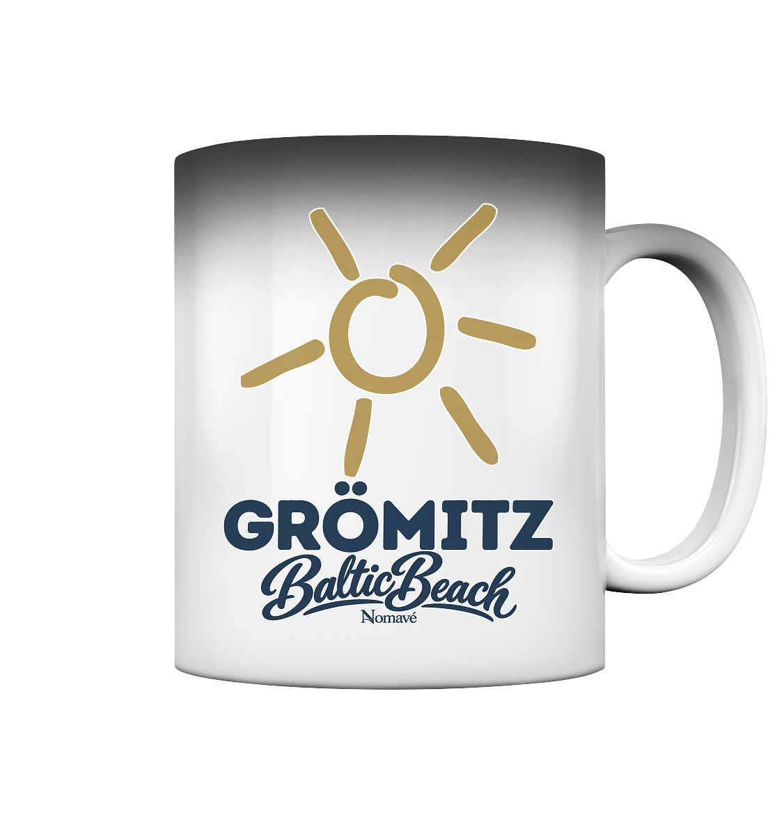 Grömitz Sonne Magic Mug 330 ml mit goldener Sonne und Baltic-Beach-Motiv in heller Darstellung – Shirtigo-Originalmockup