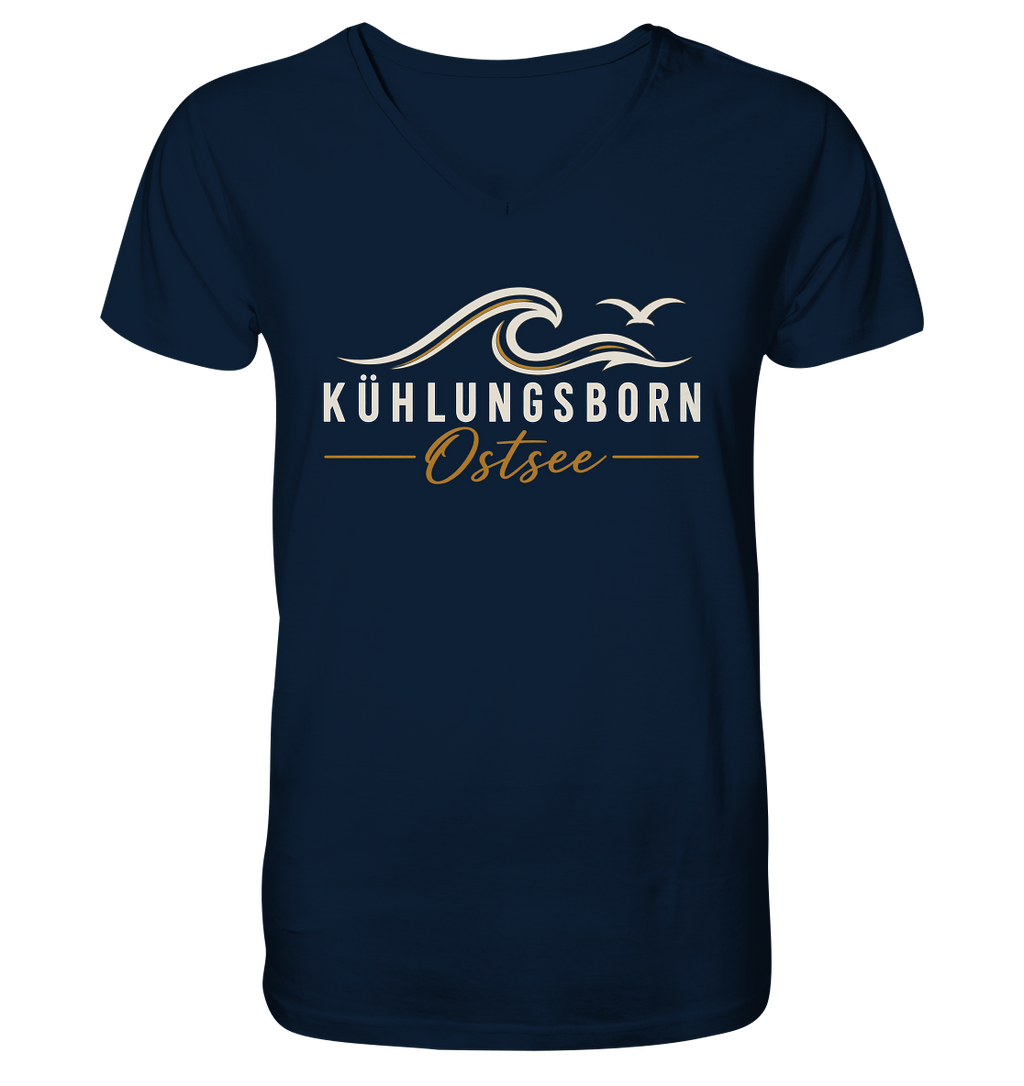 Shirtigo-Originalmockup: Herren Bio-V-Neck-Shirt Kühlungsborn Baltic Waves, Dark Edition, French Navy, Vorderansicht mit Motiv.
