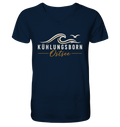 Shirtigo-Originalmockup: Herren Bio-V-Neck-Shirt Kühlungsborn Baltic Waves, Dark Edition, French Navy, Vorderansicht mit Motiv.