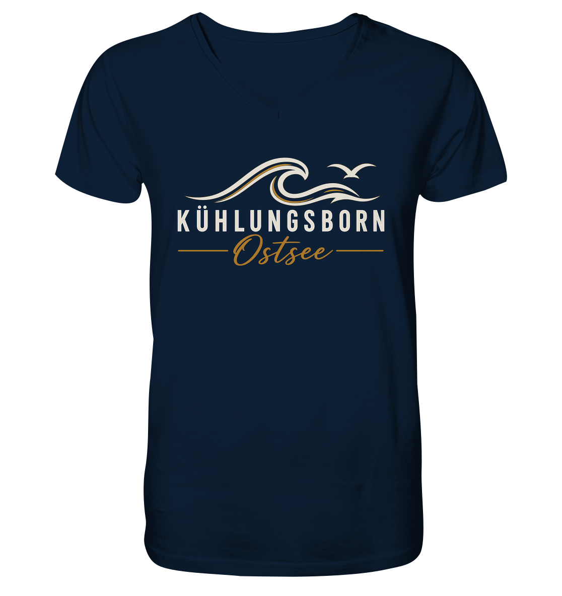 Shirtigo-Originalmockup: Herren Bio-V-Neck-Shirt Kühlungsborn Baltic Waves, Dark Edition, French Navy, Vorderansicht mit Motiv.