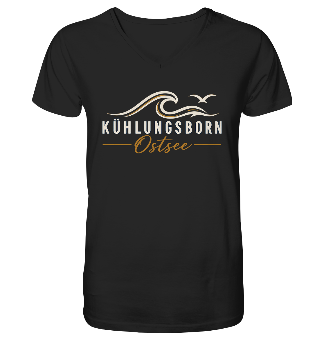 Shirtigo-Originalmockup: Herren Bio-V-Neck-Shirt Kühlungsborn Baltic Waves, Dark Edition, Black, Vorderansicht mit Motiv.