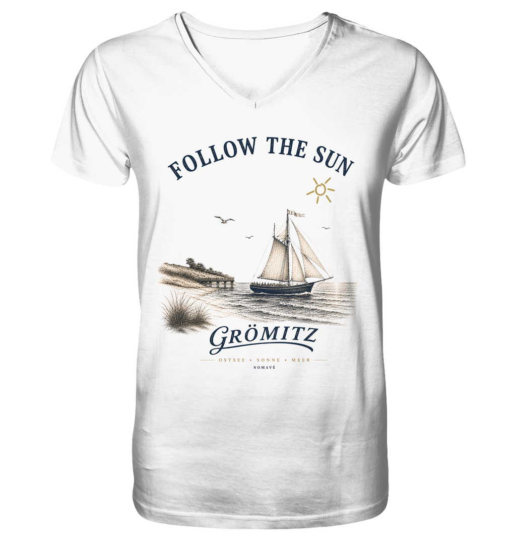 Grömitz - Follow the Sun - Mens Bio Ostsee V-Neck Shirt