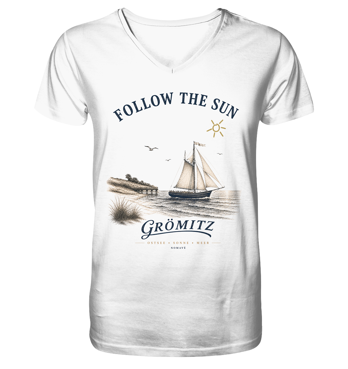 Grömitz - Follow the Sun - Mens Bio Ostsee V-Neck Shirt