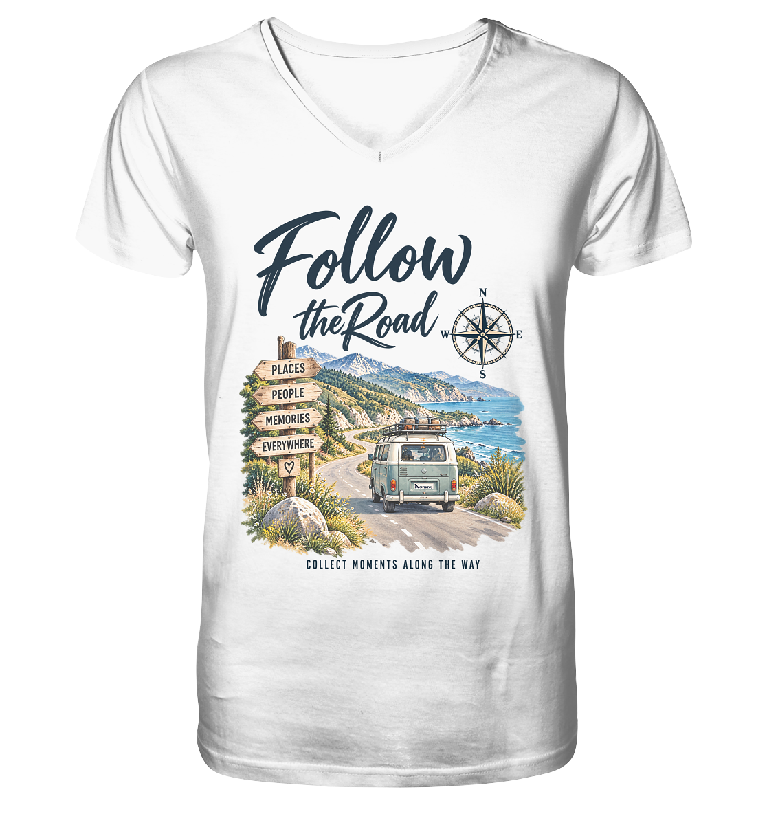 Follow the Road – Vanlife – Herren Bio V-Ausschnitt T-Shirt – Frontprint