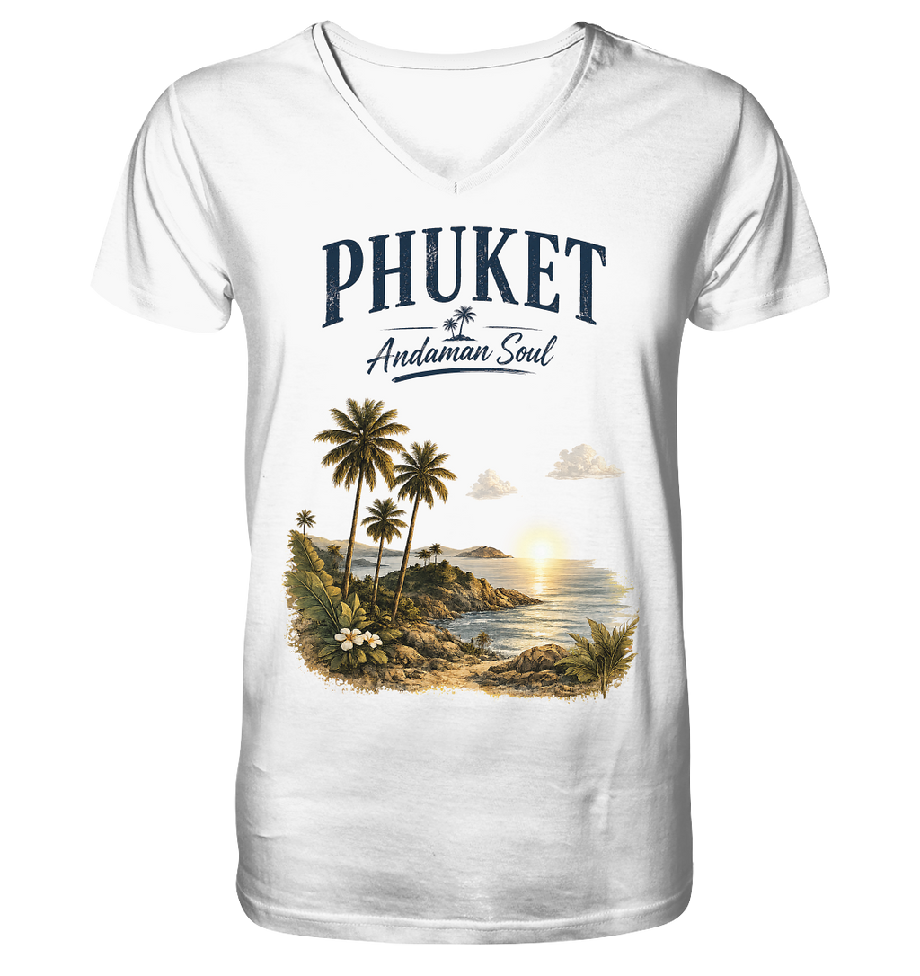 Freigestelltes weißes Phuket Andaman Soul Herren Bio-V-Neck-Shirt