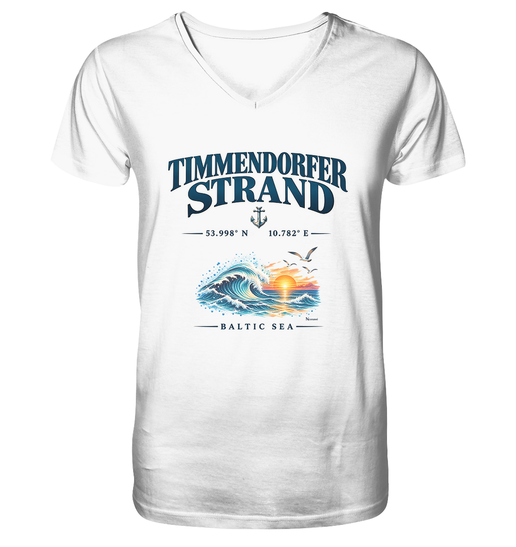 Original-Mockup 1: Herren Bio-V-Neck-T-Shirt in White mit Timmendorfer Strand – Baltic Sea Frontprint.