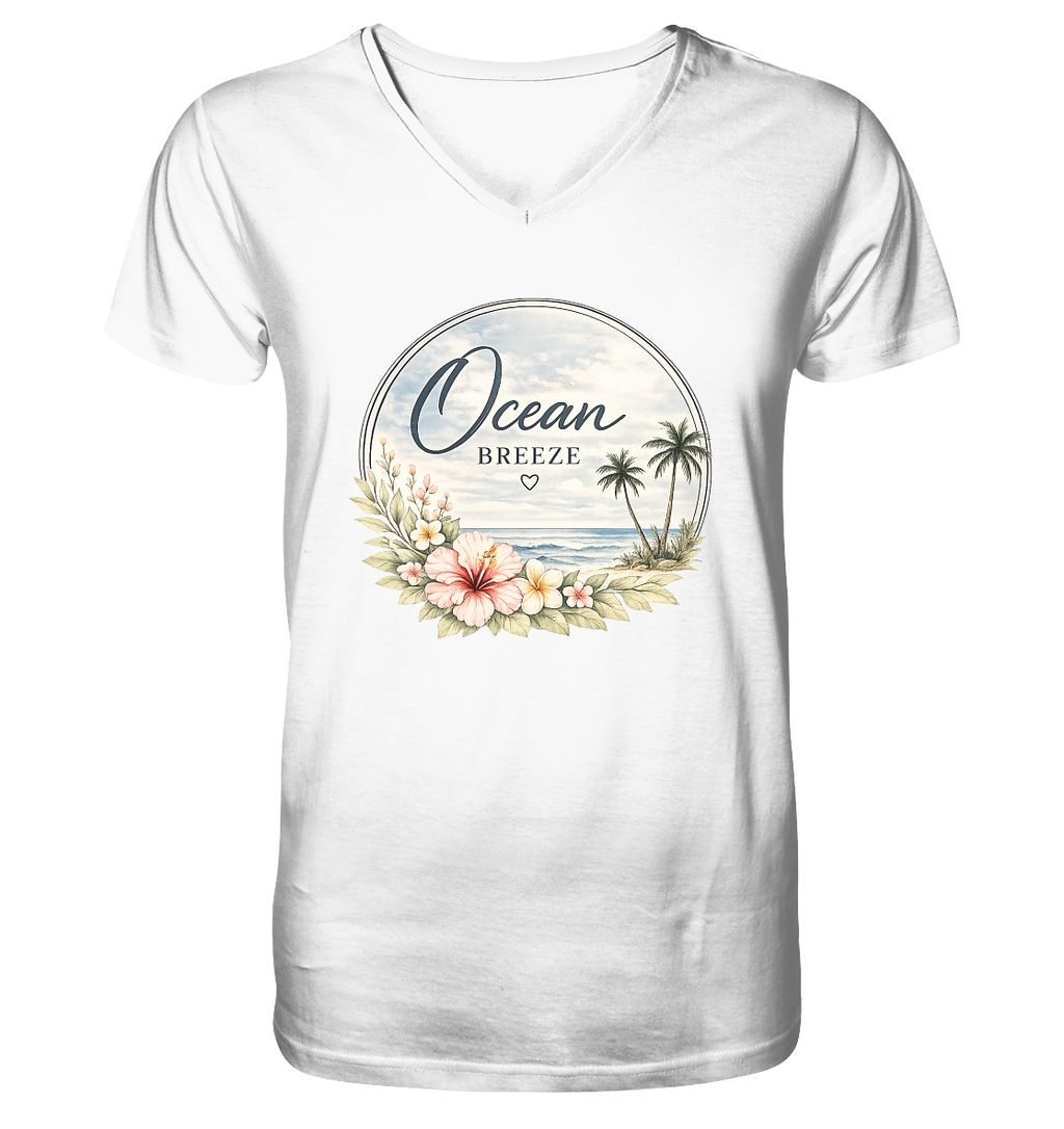 Originalmockup des weißen Ocean Breeze Herren Bio-V-Neck-Shirts mit floralem Frontprint, Vorderansicht.