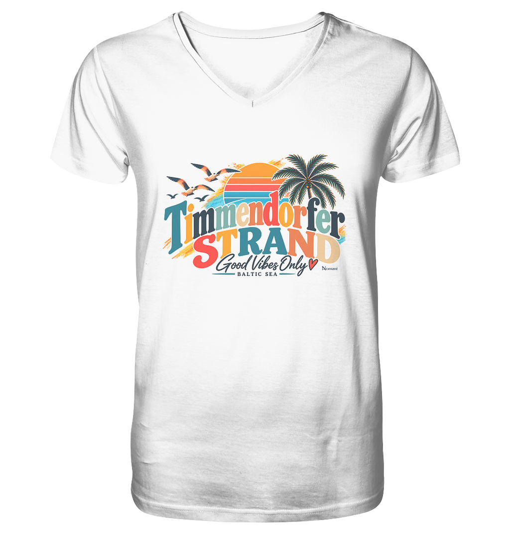 Weißes Herren-V-Neck-Shirt mit Timmendorfer-Strand-Good-Vibes-Only-Frontprint, originales Shirtigo-Produktmockup.