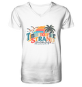 Weißes Herren-V-Neck-Shirt mit Timmendorfer-Strand-Good-Vibes-Only-Frontprint, originales Shirtigo-Produktmockup.