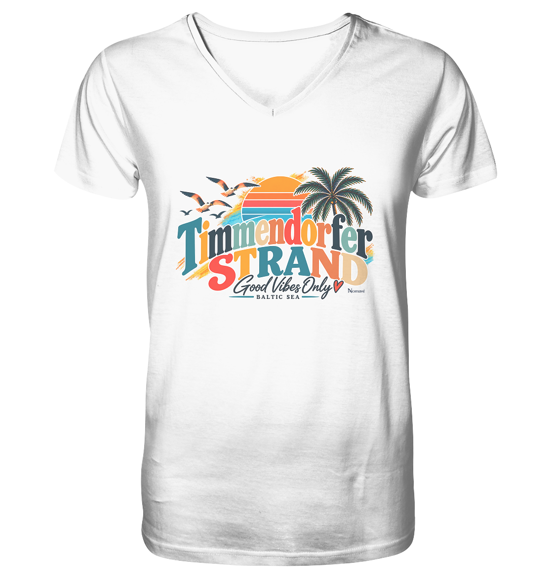 Weißes Herren-V-Neck-Shirt mit Timmendorfer-Strand-Good-Vibes-Only-Frontprint, originales Shirtigo-Produktmockup.