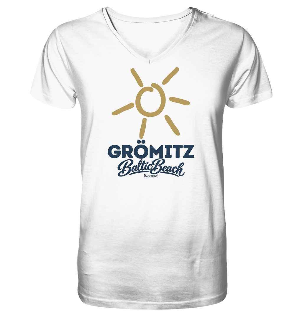 Herren Bio V-Neck T-Shirt Grömitz Sonne Baltic Beach in White – Frontdruck mit goldener Sonne, Shirtigo-Originalmockup 1