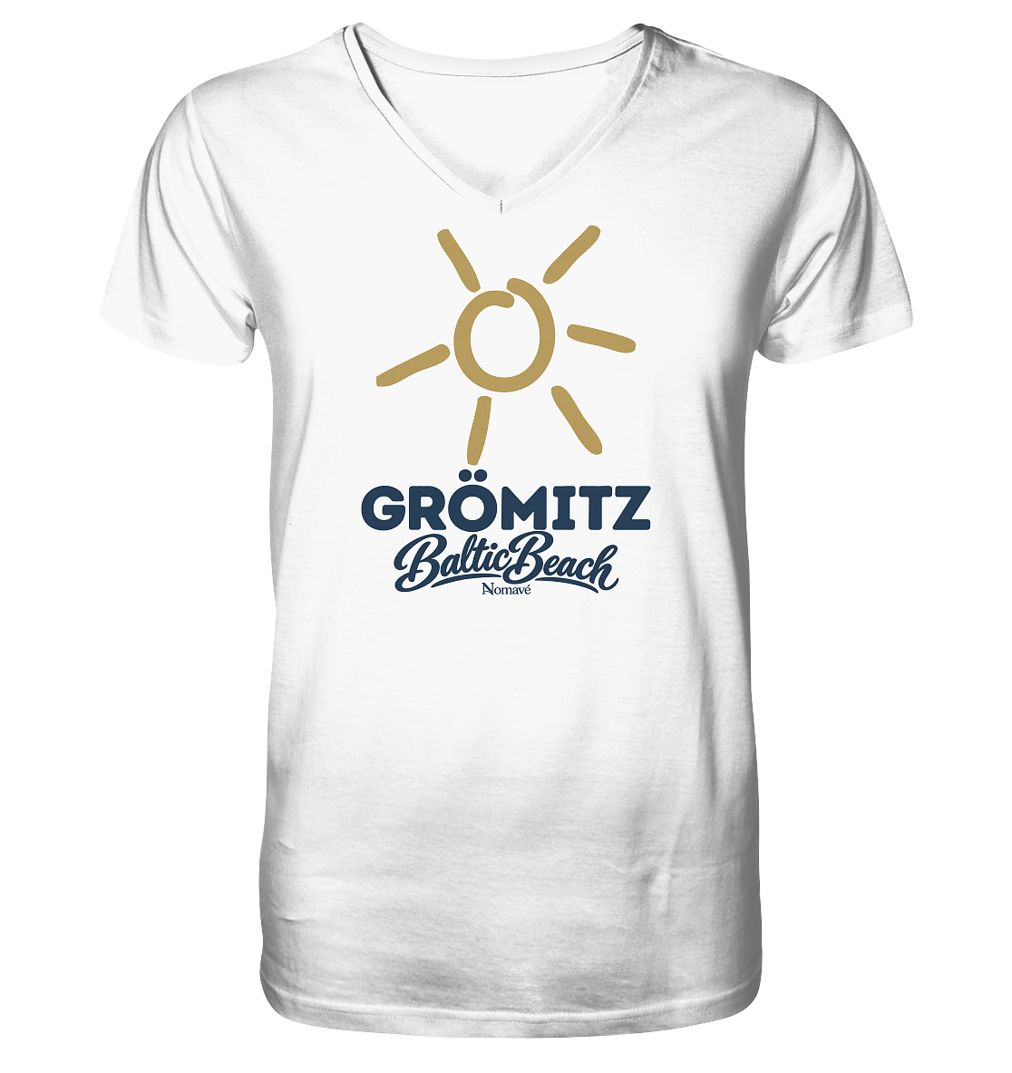 Herren Bio V-Neck T-Shirt Grömitz Sonne Baltic Beach in White – Frontdruck mit goldener Sonne, Shirtigo-Originalmockup 1