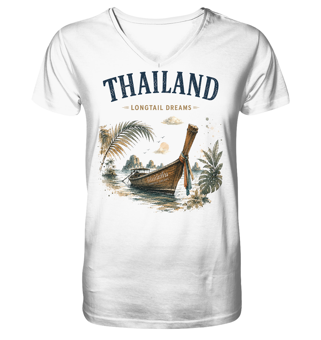 Weißes Thailand Longtail Dreams Herren Bio-V-Shirt mit Longtailboot-Motiv in Vorderansicht