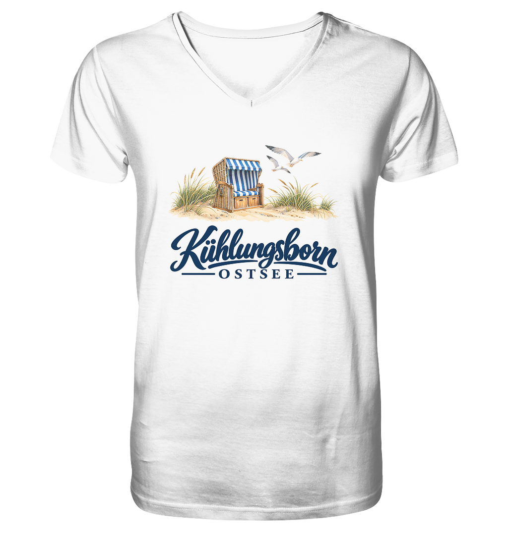 Herren Bio-V-Neck-T-Shirt Kühlungsborn – Strandkorb & Ostsee in White, Shirtigo-Originalmockup der Vorderseite mit Strandkorbmotiv.