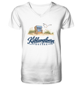 Herren Bio-V-Neck-T-Shirt Kühlungsborn – Strandkorb & Ostsee in White, Shirtigo-Originalmockup der Vorderseite mit Strandkorbmotiv.