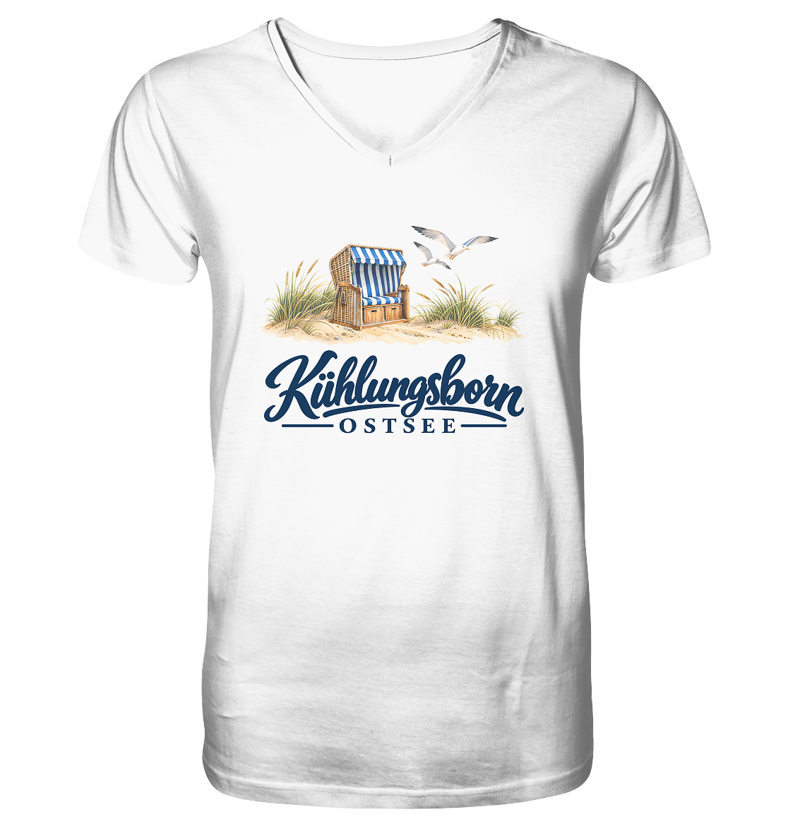 Herren Bio-V-Neck-T-Shirt Kühlungsborn – Strandkorb & Ostsee in White, Shirtigo-Originalmockup der Vorderseite mit Strandkorbmotiv.