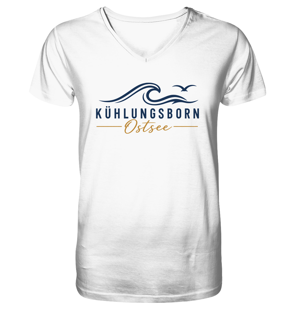 Kühlungsborn Baltic Waves Herren Bio-V-Neck-T-Shirt Light Edition in White – originales Shirtigo-Frontmockup