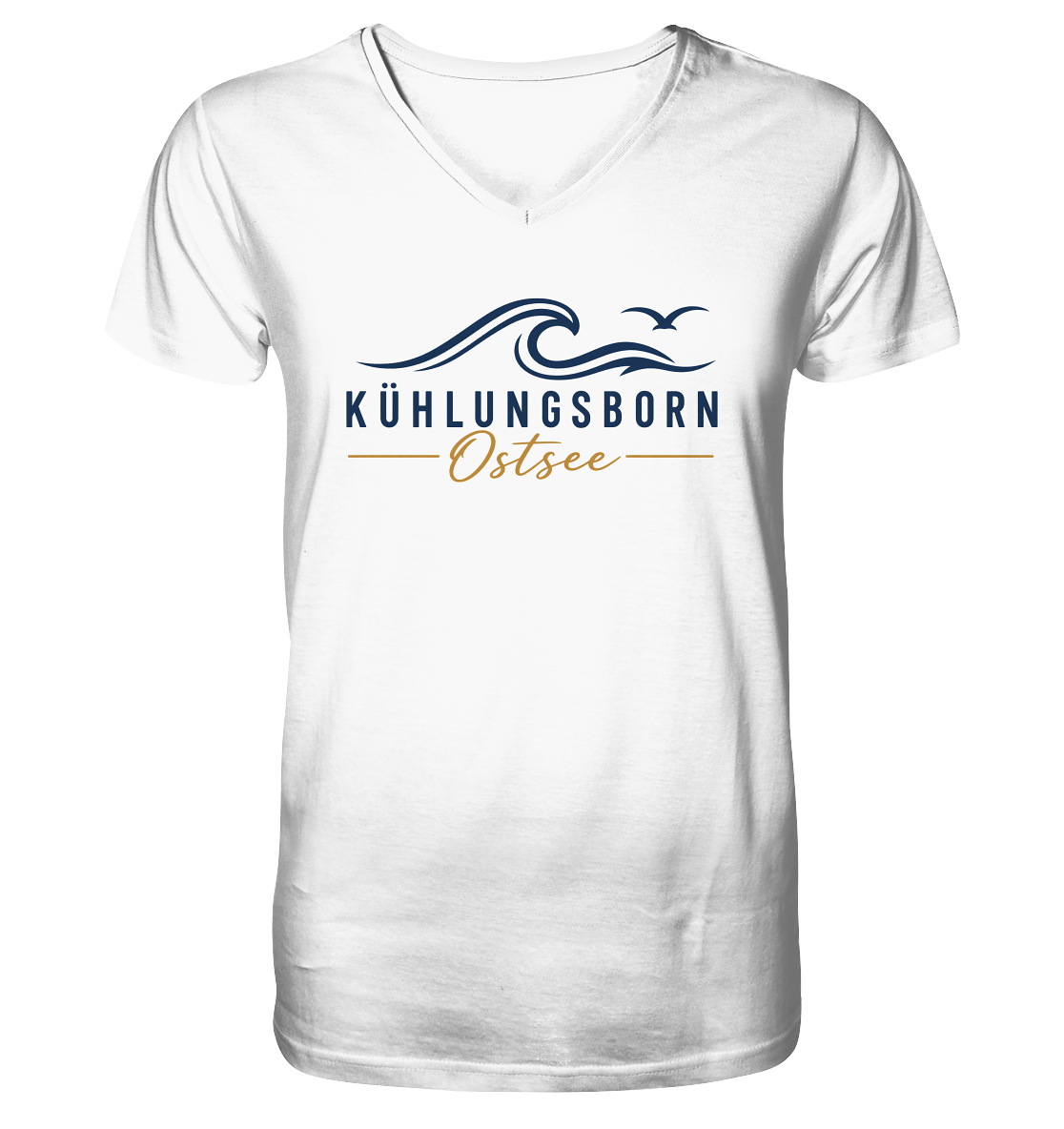 Kühlungsborn Baltic Waves Herren Bio-V-Neck-T-Shirt Light Edition in White – originales Shirtigo-Frontmockup