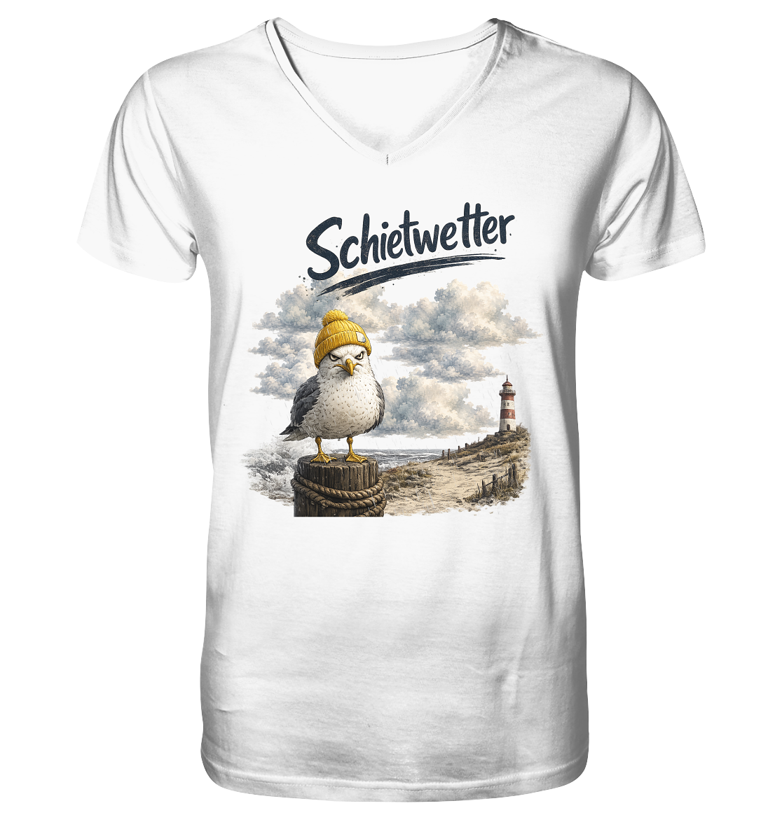 Möwe - Schietwetter - Ostsee - Leuchtturm - Maritimes Küsten Motiv - Für Ostsee und Nordsee - Fans - Mens Organic V-Neck Shirt