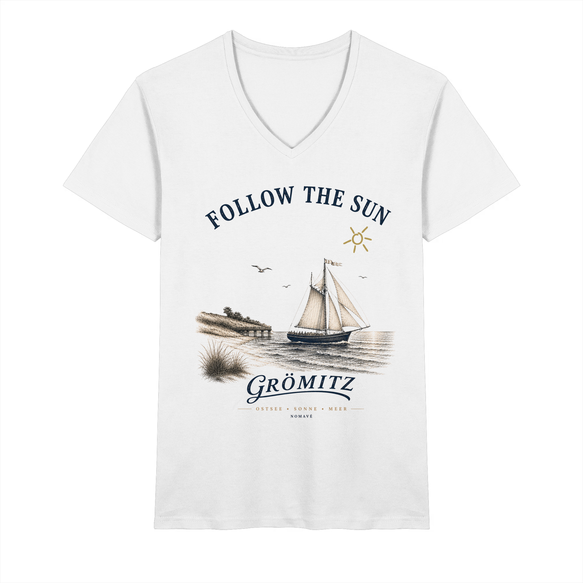 Grömitz - Follow the Sun - Mens Bio Ostsee V-Neck Shirt