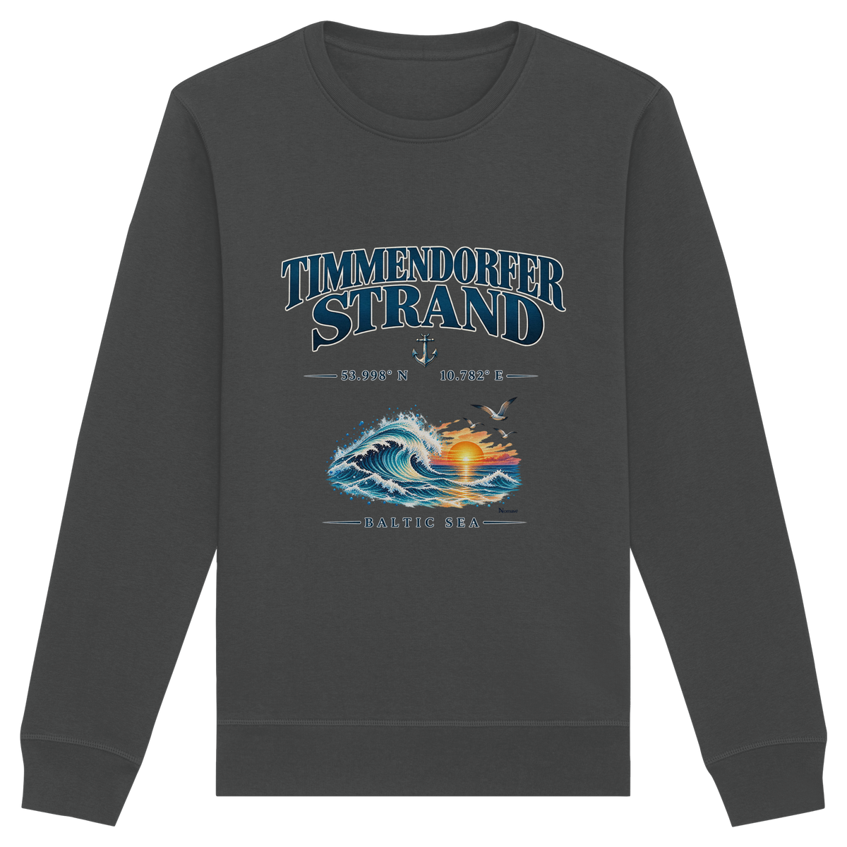Original-Mockup 8: Unisex Bio-Sweatshirt in Anthracite mit Timmendorfer Strand – Baltic Sea Frontprint.
