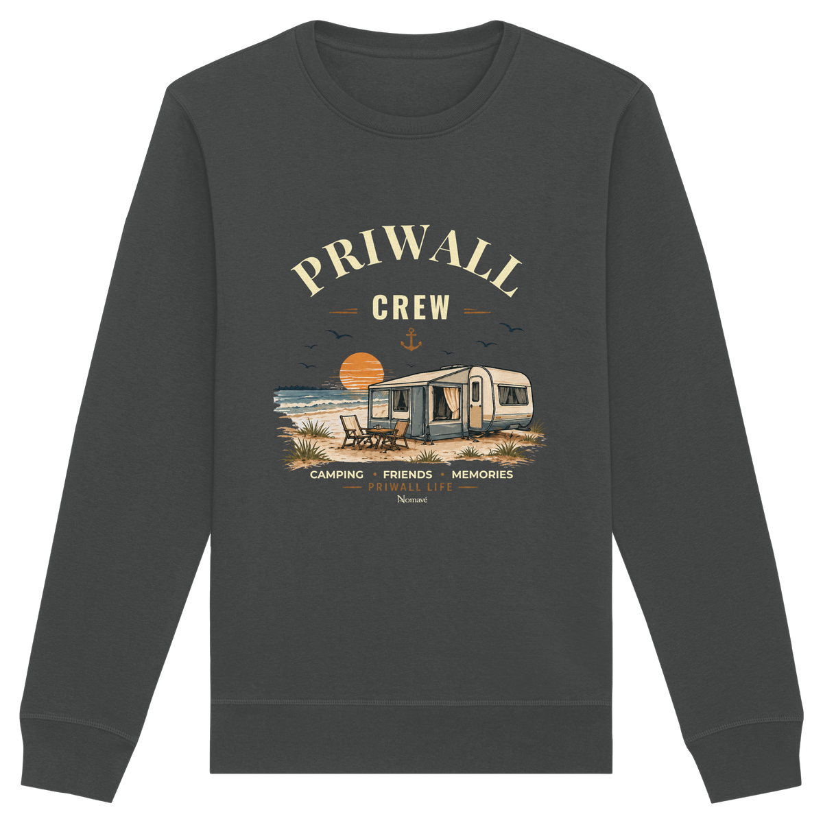 Bio Unisex Sweatshirt in Anthracite mit korrigiertem Priwall-Crew-Motiv der Dark Edition – Vorderansicht