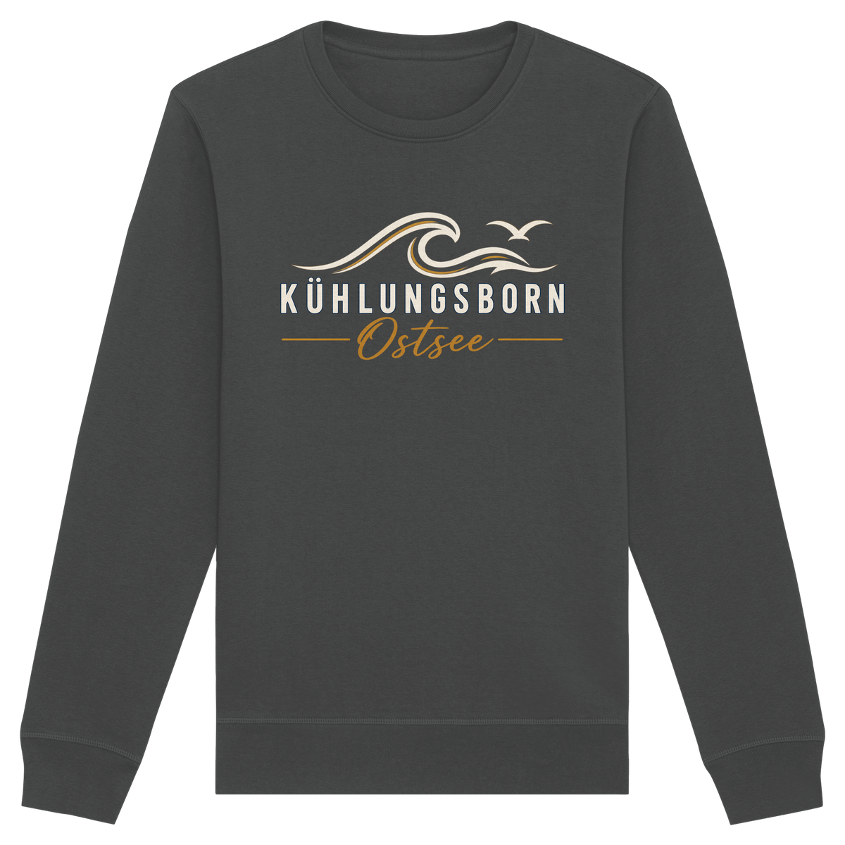 Shirtigo-Originalmockup: Bio-Unisex-Sweatshirt Kühlungsborn Baltic Waves, Dark Edition, Anthracite, Vorderansicht mit Motiv.