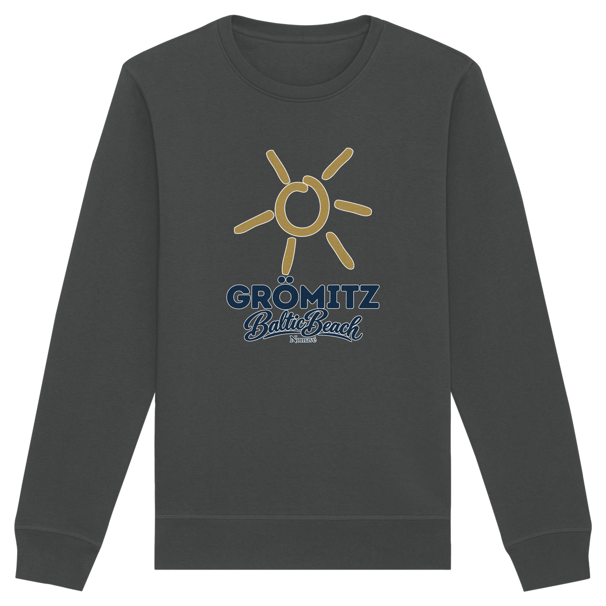 Unisex Sweatshirt Grömitz Sonne Baltic Beach in Anthracite – Frontdruck mit goldener Sonne, Shirtigo-Originalmockup 8