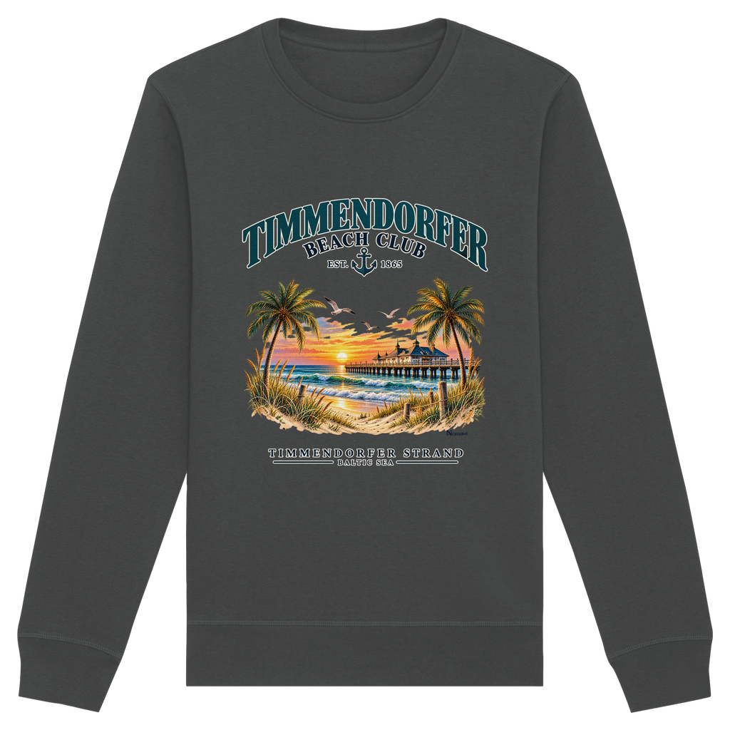 Originalmockup: Unisex Bio-Sweatshirt in Anthracite mit Timmendorfer-Beach-Club-Frontprint, Motivansicht.