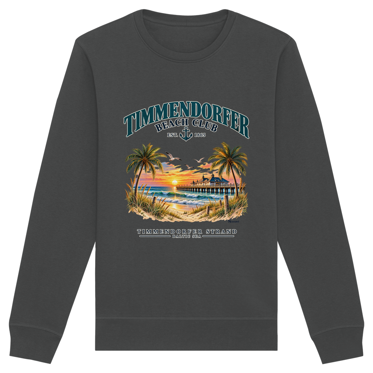 Originalmockup: Unisex Bio-Sweatshirt in Anthracite mit Timmendorfer-Beach-Club-Frontprint, Motivansicht.