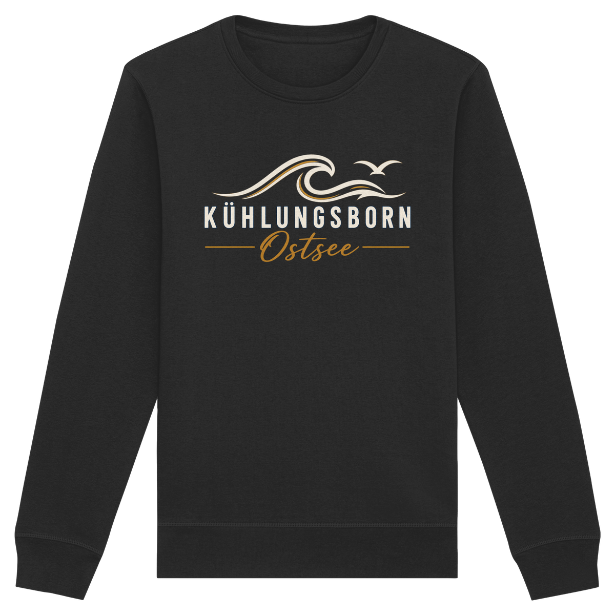 Shirtigo-Originalmockup: Bio-Unisex-Sweatshirt Kühlungsborn Baltic Waves, Dark Edition, Black, Vorderansicht mit Motiv.
