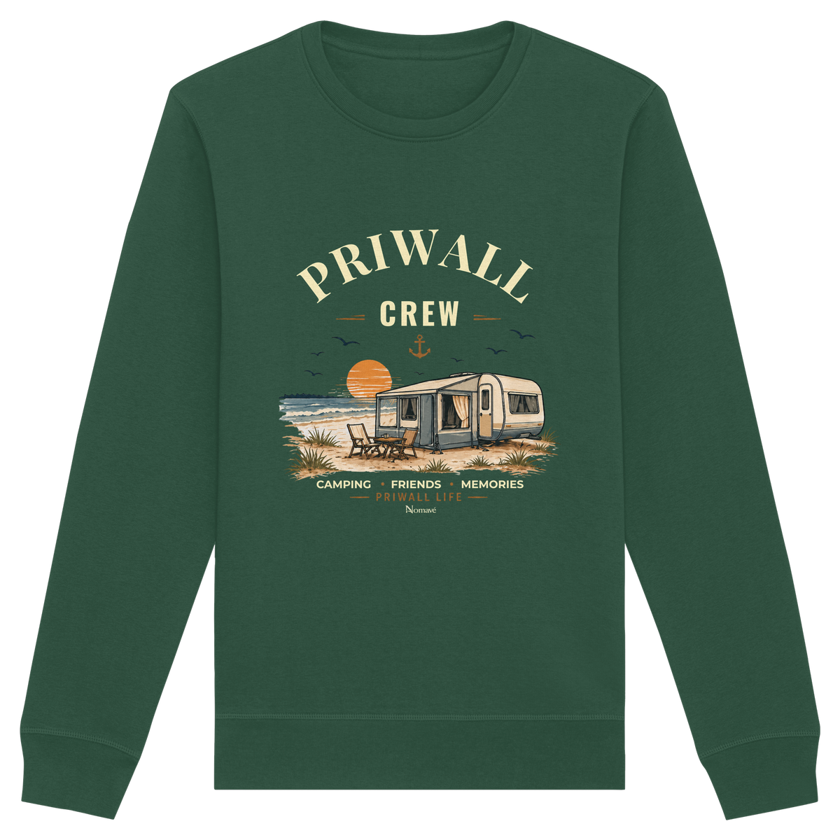 Bio Unisex Sweatshirt in Bottle Green mit korrigiertem Priwall-Crew-Motiv der Dark Edition – Vorderansicht