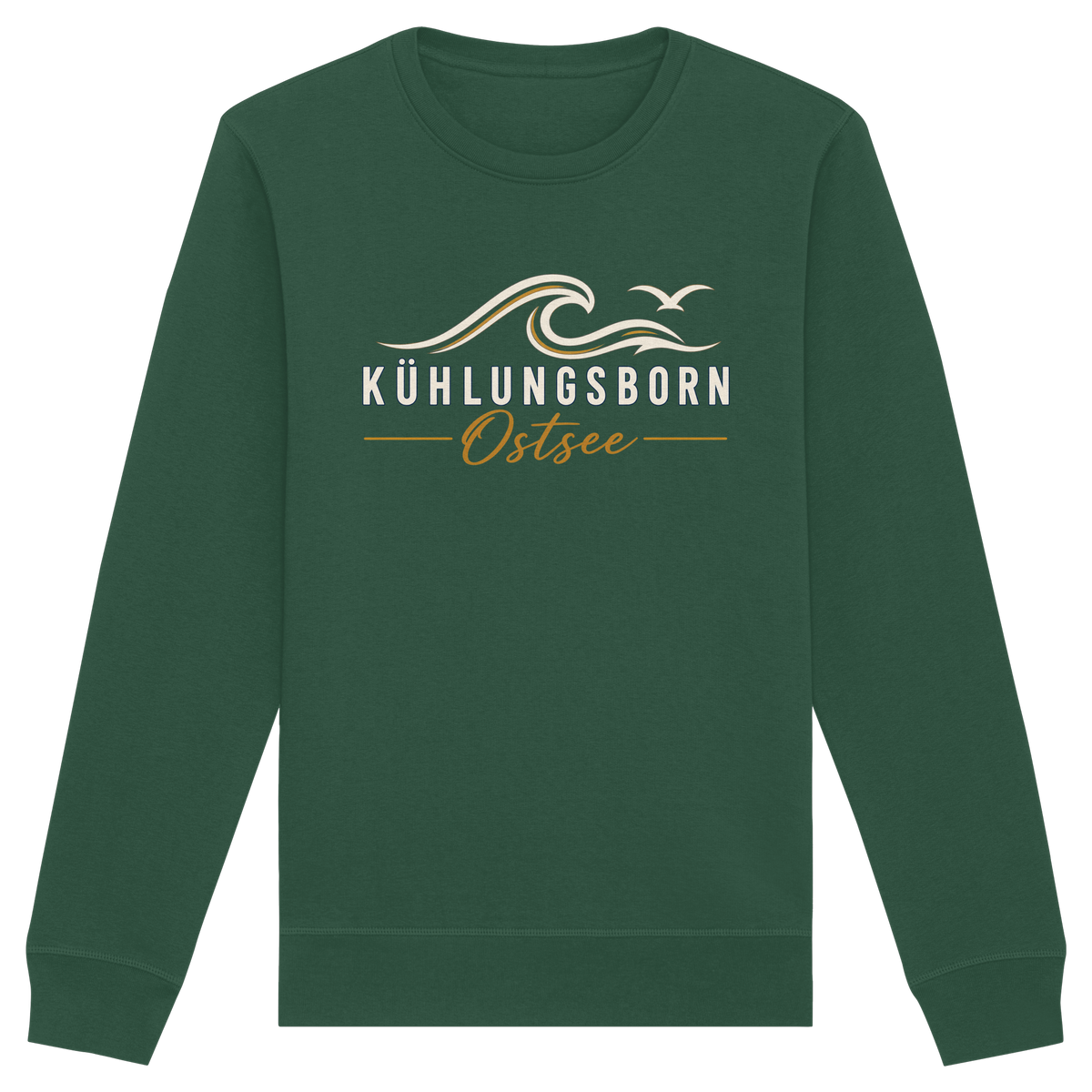 Shirtigo-Originalmockup: Bio-Unisex-Sweatshirt Kühlungsborn Baltic Waves, Dark Edition, Bottle Green, Vorderansicht mit Motiv.