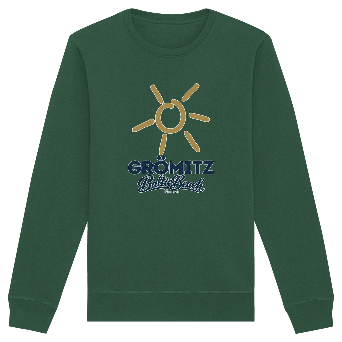 Unisex Sweatshirt Grömitz Sonne Baltic Beach in Bottle Green – Frontdruck mit goldener Sonne, Shirtigo-Originalmockup 7