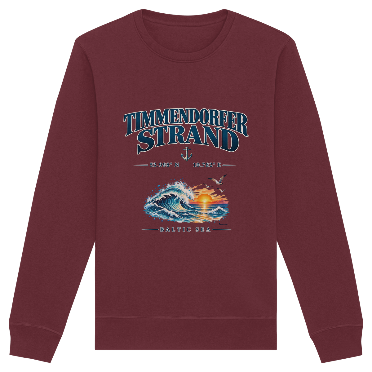 Original-Mockup 13: Unisex Bio-Sweatshirt in Burgundy mit Timmendorfer Strand – Baltic Sea Frontprint.
