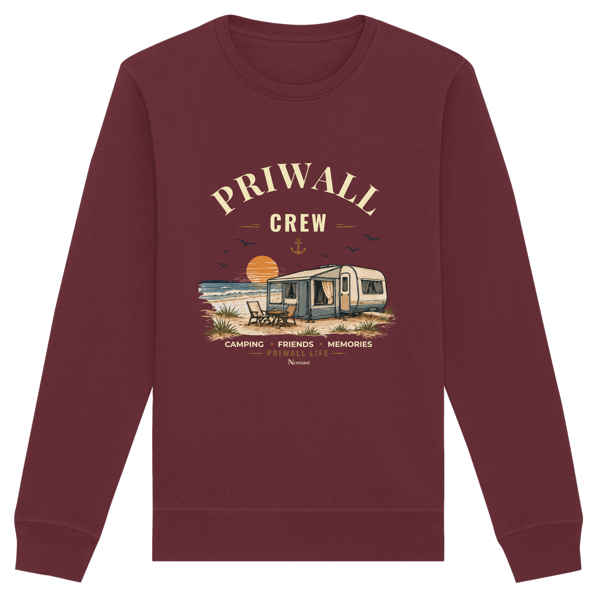 Bio Unisex Sweatshirt in Burgundy mit korrigiertem Priwall-Crew-Motiv der Dark Edition – Vorderansicht