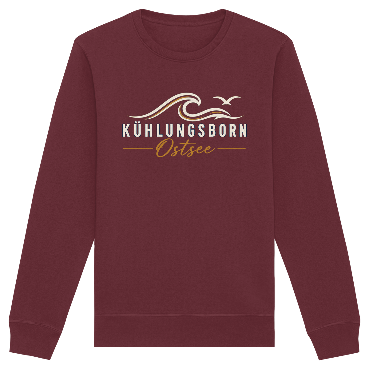 Shirtigo-Originalmockup: Bio-Unisex-Sweatshirt Kühlungsborn Baltic Waves, Dark Edition, Burgundy, Vorderansicht mit Motiv.