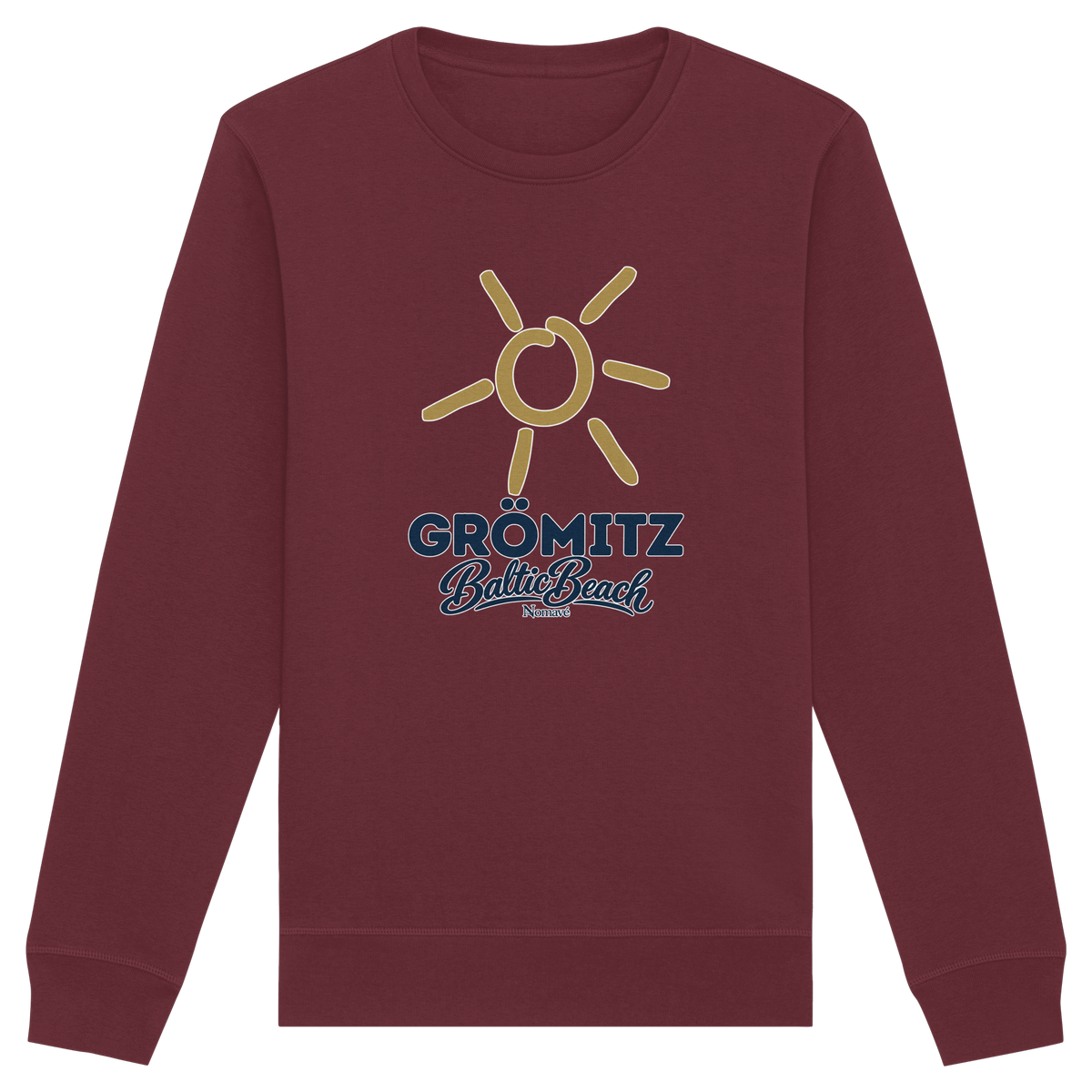 Unisex Sweatshirt Grömitz Sonne Baltic Beach in Burgundy – Frontdruck mit goldener Sonne, Shirtigo-Originalmockup 12
