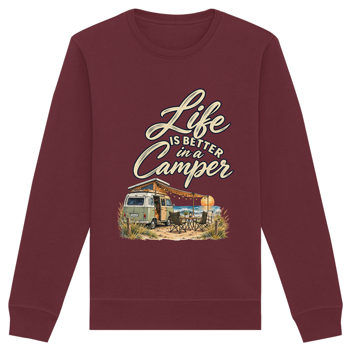 Bio Unisex Sweatshirt in Burgundy mit „Life is better in a Camper“-Motiv – Vorderansicht für Vanlife- und Campingfans