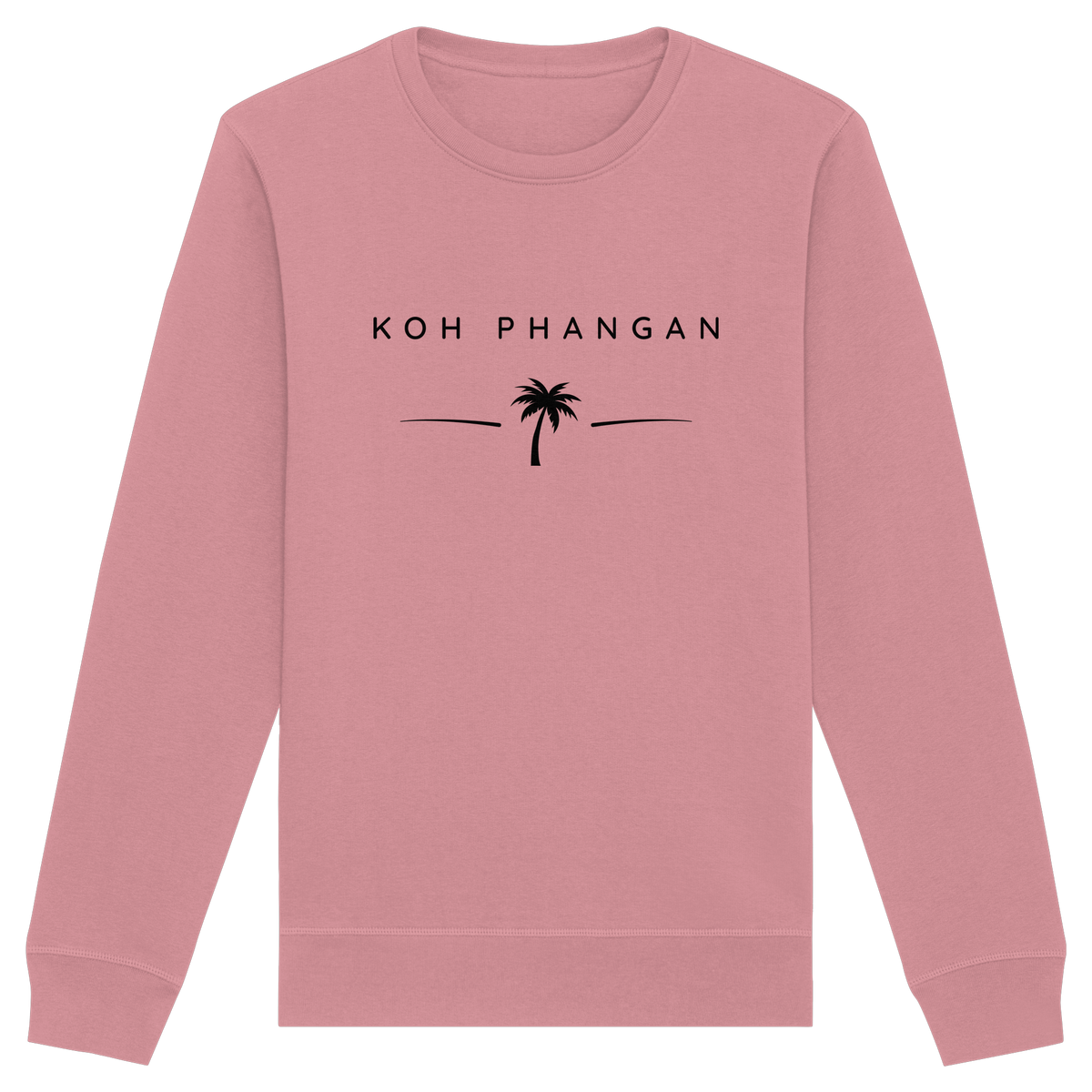 Frontansicht des Bio Unisex Sweatshirt in Canyon Pink mit Koh Phangan Minimal Palm Frontprint