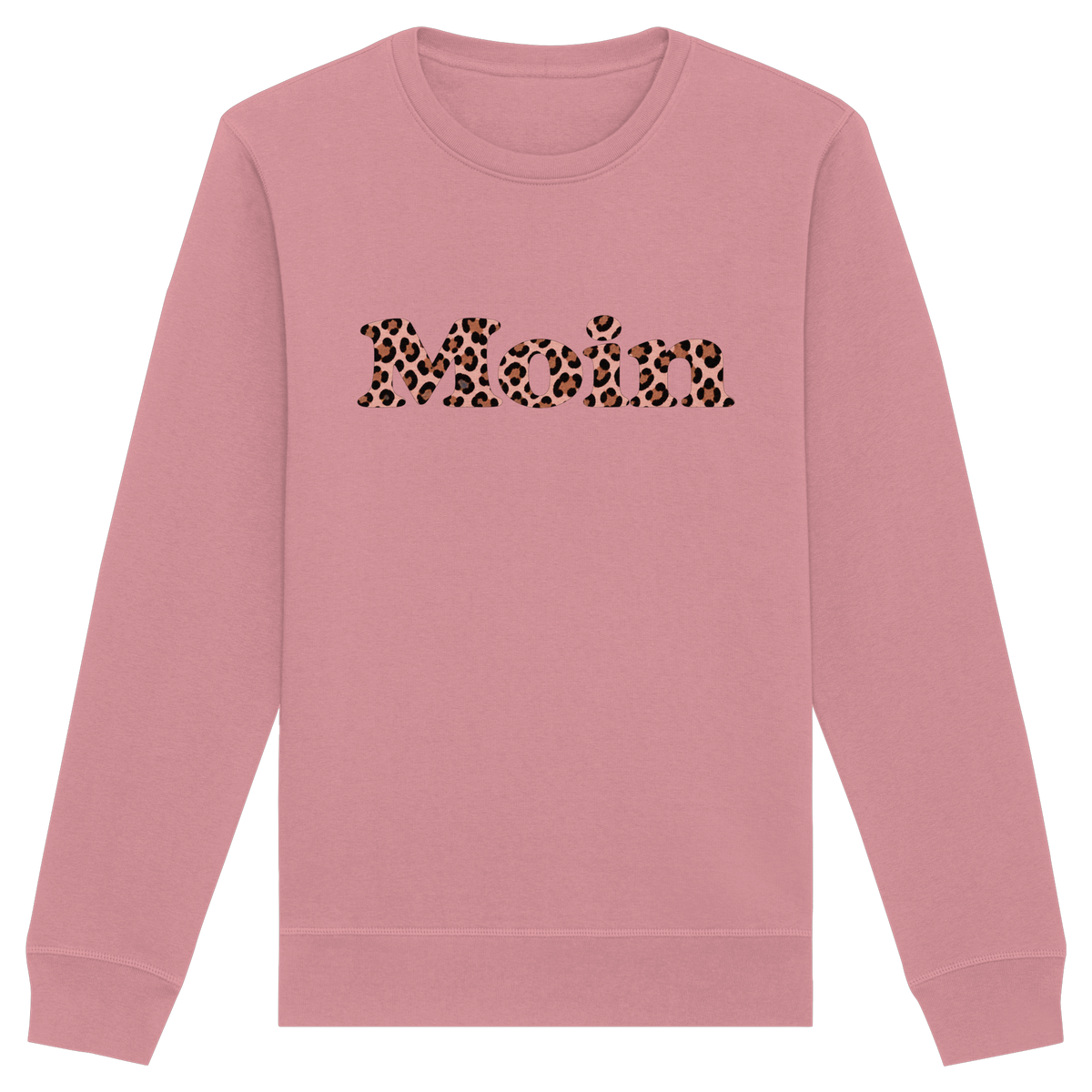 Bio-Unisex-Sweatshirt Canyon Pink, Vorderansicht mit rosafarbenem Moin-Leo-Motiv.