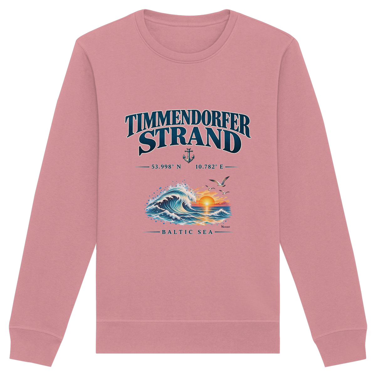 Original-Mockup 5: Unisex Bio-Sweatshirt in Canyon Pink mit Timmendorfer Strand – Baltic Sea Frontprint.