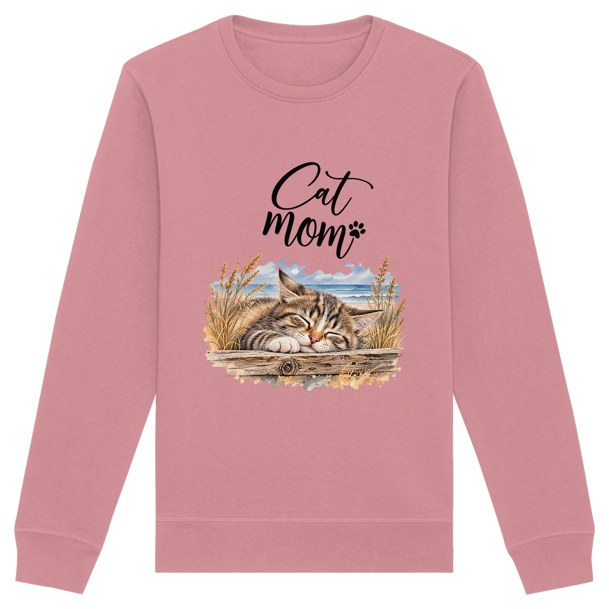 Unisex Bio-Sweatshirt Cat Mom in Canyon Pink – Vorderansicht mit schlafender Katze, Küstenmotiv und Cat-Mom-Schriftzug.